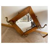 Wooden Oak Table with Oak Mirrored Hat/Coat Rack with Brass Hangers