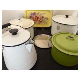 Enamel Ware Cookware with 3 Sizes of Pots, A Coffee Pot & Decorative Tray