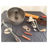 Swans Down Cake Flour Pan , Iron Potato Ricer, Rolling Pin & Metal Grinder
