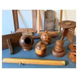 Awesome Carved Containers in This Wood Lot With Shelves and Brass Candlesticks