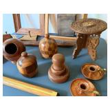 Awesome Carved Containers in This Wood Lot With Shelves and Brass Candlesticks