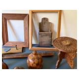 Awesome Carved Containers in This Wood Lot With Shelves and Brass Candlesticks
