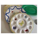 Fun Colorful Entertaining Lot with Plates, Plastic Martini Glasses & Egg Server