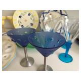 Fun Colorful Entertaining Lot with Plates, Plastic Martini Glasses & Egg Server
