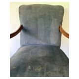 Sturdy Blue Upholstered Arm Chair with Wooden Base