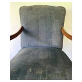 Sturdy Blue Upholstered Arm Chair with Wooden Base