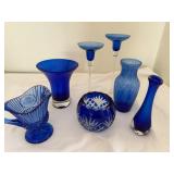 A beautiful Cobalt Blue Entertainment Set with a Vase, Candlesticks, & Bowls