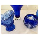 A beautiful Cobalt Blue Entertainment Set with a Vase, Candlesticks, & Bowls