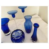 A beautiful Cobalt Blue Entertainment Set with a Vase, Candlesticks, & Bowls