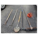 Pitch Forks, Shovel, Broom Lawn Tools  & Orange Electric Cord