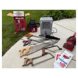 Garage Tools--Shop Vac, Dirt Devil, Space Heater, and Saws