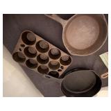 Cast Iron that Includes Griswold Muffin Pan From Erie, PA, Plett Pan, Several Fry Pans