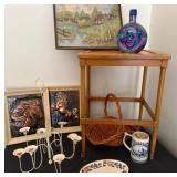 Items From The Past--Wheaton Teddy Roosevelt Decanter, Framed Stitchery Picture, Hammered Cooper Metal Pictures of Horses, Mid Century Table, Candlestick Light Fixture