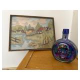 Items From The Past--Wheaton Teddy Roosevelt Decanter, Framed Stitchery Picture, Hammered Cooper Metal Pictures of Horses, Mid Century Table, Candlestick Light Fixture