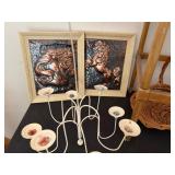 Items From The Past--Wheaton Teddy Roosevelt Decanter, Framed Stitchery Picture, Hammered Cooper Metal Pictures of Horses, Mid Century Table, Candlestick Light Fixture