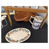 Items From The Past--Wheaton Teddy Roosevelt Decanter, Framed Stitchery Picture, Hammered Cooper Metal Pictures of Horses, Mid Century Table, Candlestick Light Fixture