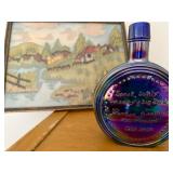 Items From The Past--Wheaton Teddy Roosevelt Decanter, Framed Stitchery Picture, Hammered Cooper Metal Pictures of Horses, Mid Century Table, Candlestick Light Fixture