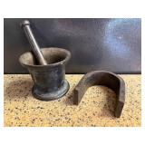 Rare Find--Cast Iron Mortar and Pestle with 1881 Noted on Bottom & Large U Shaped Metal Horseshoe