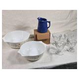 Pyrex England Bowls, Glass Sundae Dishes, and Red Wing Pottery Pitcher