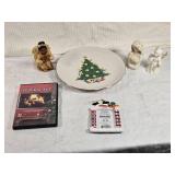 Holiday Decor and Collectibles Lot - a decorative plate with a Christmas tree design, three angel figurines, a DVD titled "Holiday Fire" featuring Christmas carols, and a 2004 Sears holiday ornament