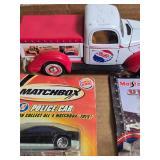 Set of Die-Cast Cars: Pepsi Truck, Matchbox Police Car, Fire Engine, and Marvel Spider-Man