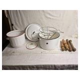 Variety of Enamelware and Wooden Pestles