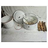 Variety of Enamelware and Wooden Pestles