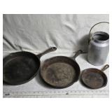 Cast Iron Skillets and Milk Can
