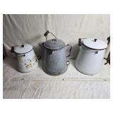 Set of 3 Vintage Enamelware Coffee Pots with Lids