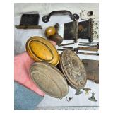 Vintage Glass and Porcelain Door Knobs and Vintage Hinges