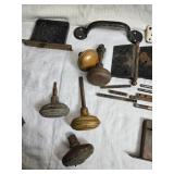 Vintage Glass and Porcelain Door Knobs and Vintage Hinges