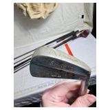 Vintage Golf Club Set with Leather and Canvas Bag and Brass Golf Tee Figurines