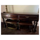 Vintage Two Drawer Wooden Console Table with Nesting seats/stools.