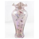 FENTON 11" Pink Opalescent Iridescent Glass Feather Hand Painted Ruffle Vase