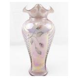 FENTON 11" Pink Opalescent Iridescent Glass Feather Hand Painted Ruffle Vase