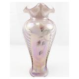 FENTON 11" Pink Opalescent Iridescent Glass Feather Hand Painted Ruffle Vase
