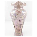 FENTON 11" Pink Opalescent Iridescent Glass Feather Hand Painted Ruffle Vase