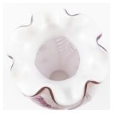 FENTON 11" Pink Opalescent Iridescent Glass Feather Hand Painted Ruffle Vase