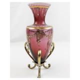 FENTON 9" Cranberry Hand painted Amphora Vase & Stand ***LIMITED EDITION #168/400***