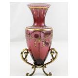 FENTON 9" Cranberry Hand painted Amphora Vase & Stand ***LIMITED EDITION #168/400***