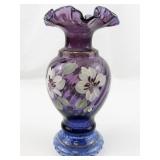 FENTON 8.5" Double Crimped Mulberry Hand painted Iced Gold Floral & Butterfly Vase.