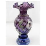 FENTON 8.5" Double Crimped Mulberry Hand painted Iced Gold Floral & Butterfly Vase.