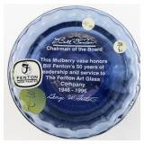 FENTON 8.5" Double Crimped Mulberry Hand painted Iced Gold Floral & Butterfly Vase.