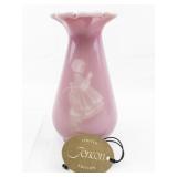 FENTON 7" Rose Quartz Sand Carved Vase: Little Girl Blowing Dandelions ***LIMITED EDITION #496/1500***