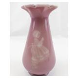 FENTON 7" Rose Quartz Sand Carved Vase: Little Girl Blowing Dandelions ***LIMITED EDITION #496/1500***