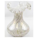 FENTON 7" VASA Murrhina White Cased -Silver/Pink/Grenn/ Double Ruffle Vase