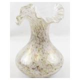 FENTON 7" VASA Murrhina White Cased -Silver/Pink/Grenn/ Double Ruffle Vase