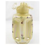 FENTON 8.5" Gold Overlay Iridized Satin Hand painted Floral Pinch Vase.