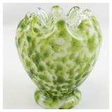 1979 FENTON 5" VASA Murrhina Adventurine Green Crimped Edge Vase.