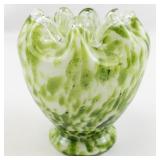 1979 FENTON 5" VASA Murrhina Adventurine Green Crimped Edge Vase.